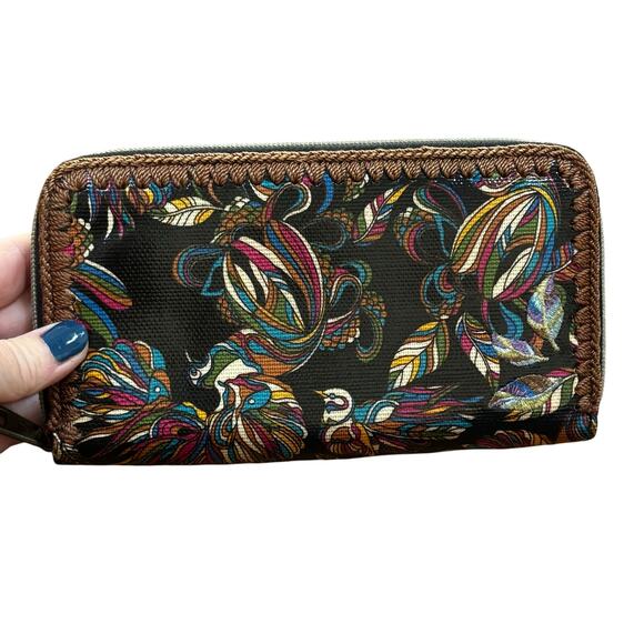 Sakroots zip around wallet clutch purse brown birds coated canvas coin pocket - Picture 3 of 9